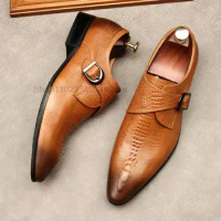 Luxury Single Monk Strap Dress Men Shoes Wedding Best Crocodile Pattern Man Shoe Handmade Genuine Leather Formal Shoes Men