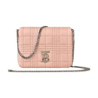 【BURBERRY 巴寶莉】Burberry LOLA 銀色TB字母LOGO格子縫線牛皮鍊帶扣式迷你斜背包(粉紅)