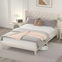Queen Bed Frame with LED, Upholstered Beds Frames with Wingback Diamond Tufted Headboard, Wood Slats Support, Bed Frame