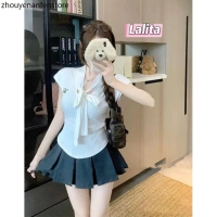 ส่งไวจากไทย สื้อเชิ้ตแขนสั้นผูกโบว์และดีเทลเย็บปักถักร้อย สไตล์หวานและน่ารัก สำหรับผู้หญิงLalita