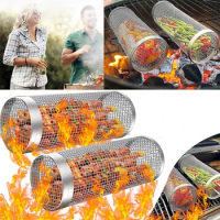 Round Grilling BBQ Basket Stainless Steel Rolling Grilling Basket Wire Mesh Cylinder Grill Basket Portable Outdoor Camping Barbe