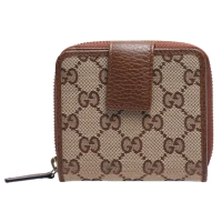 【GUCCI 古馳】經典GG緹花布牛皮飾邊暗釦短夾(棕346056-KY9LG-8610)
