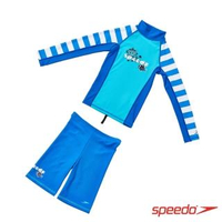 【SPEEDO】兒童長袖防曬衣褲組 Pulse(藍)
