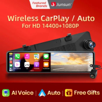 Junsun Wireless CarPlay Android Auto Rear View Mirror Dual Screen Car DVR Dash Cam 11.26” FHD 1080P Video Recorder Stream Media