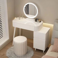 奶油風小戶型梳妝台(Q款80桌+櫃+智能鏡+圓凳)