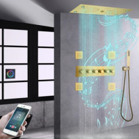 Brushed Gold Bathroom Shower Head Mist Rain Thermostatic Shower System Faucet Bath Tap LED Music Shower Set