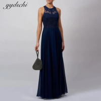Prom Dress Evening Gowns Dark Blue Chiffon ,Mermaid Evening Dresses ,Black Lace Applique Long Formal Evening Party Gowns