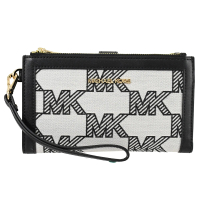 【Michael Kors】新版經典MK印花LOGO手提式雙拉鍊手機袋長夾(黑白)