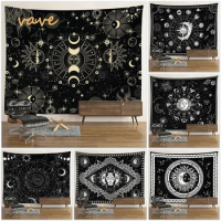 Witchcraft Astrology Mandala Tapestry Black and White Sun Moon Tarot Hippie Aesthetic Cloth Fabric Large Tapestry Wall Hanging