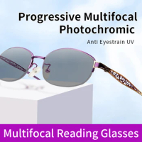 photochromic Progressive Multifocus Reading Glasses for Women, Metal Half Frame Sun Photochromic lens Readers Tinted Eyeglass