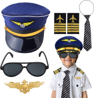 KIDS PILOT costume Accessories set with Aviator Hat sunglasses Tie PIN for Aviation Halloween Dress 