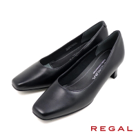 【REGAL】經典商務軟墊舒適方頭中低跟包鞋 黑色(P791-BL)