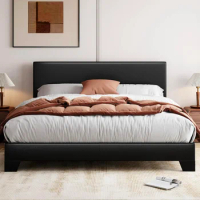 King Size Bed Frame with Adjustable Headboard, Faux Leather Platform Bed with Wood Slats