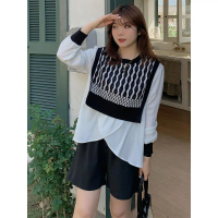 Baju leher bulat Jacquard untuk wanita, pakaian bersaiz besar untuk gadis gemuk, Patchwork, awal mus