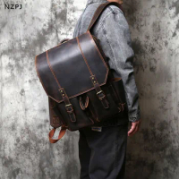NZPJ Vintage Genuine Leather Men's Backpack Crazy Horse Leather Backpack Natural Cowhide Travel Bag Leisure Computer Bag