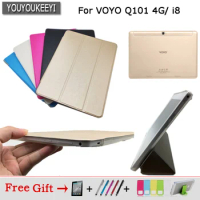 Ultra thin 3 fold Folio Solid PU stand cover case For VOYO V101 4G / i8 10.1inch tablet pc ,Multicolor optional+ 3 gift