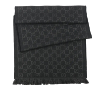 【Gucci】GG Logo 標誌及素面方格雙面可用羊毛圍巾(黑色/深灰)