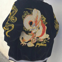 Unisex 2023 Spring Autumn Sukajan Dragon Embroidered Baseball Jacket Men Women Bomber Coat Japanese