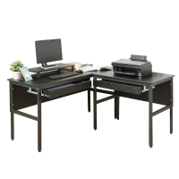 DFhouse 頂楓150+90公分大L型工作桌+2抽屜+桌上架-黑橡木色