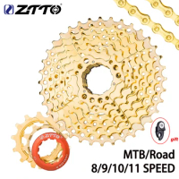 ZTTO MTB Road Bike Full Gold Cassette 8s 9s 10s 11s Gold Freewheel 8/9/10/11 Speed Sprocket 11-25/28/32/36/40/42/46T Gold Chain
