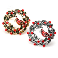 30pcs/Lots free shipping vintage colored Christmas Bird with wreath Brooch ornaments jewelry for gift/party