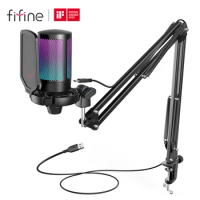 FIFINE USB Gaming Microphone Kit for PC,PS4/5 Condenser Cardioid Mic Set with Mute Button/RGB /Arm Stand,for Streaming Video-A6T