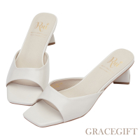 【Grace Gift】小貓聯名-甜甜奶油方塊真皮中跟拖鞋 米白