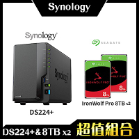 Synology DS224+ 2Bay NAS 網路儲存伺服器＋希捷 Seagate Pro 8TB NAS專用硬碟-兩入組