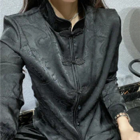 black long sleeve button shirt women's Chinese style cheongsam shirts blusas mujer