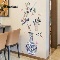 Hot Sale Blue And White Porcelain Chinese Style Vase Living Room Dining Room With Glue Self-Adhesive Pvc Wall Sticker
