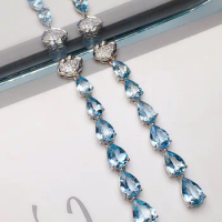 ZYH Solid 18K Gold Nature 6.2ct Blue Aquamarine Gemstones Diamonds Drop Dangle Earrings for Women Fine Presents