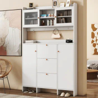 Versatile Tall Cabinet with 4 Hanging Hooks,shoe Cabinet with Open Storage Platform,Tempered Glass Hall Tree with 3 Flip Drawers