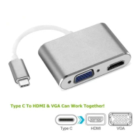 2in1 USB 3.1 Type-C Male to HDMI-compatible VGA Female Adapter 4Kx2K Converter Audio Video USB-C Hub Cable for Macbook Phone