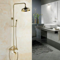 Shower Faucets Gold Brass Bathroom Shower Mixer Tap Faucet Set Rain Shower Head Round Wall Mounted Bathtub Faucet agf361