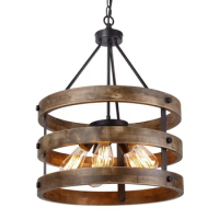 Metal and Circular Wood Chandelier Pendant Five Lights Oil Black Finishing Retro Vintage Industrial Rustic Ceiling Lamp