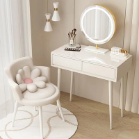 法式奶油風實木梳妝台輕奢化妝台桌（全實木70CM+圓鏡+圓凳+小花椅）