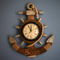 地中海風格復古做舊船錨掛鐘墻面裝飾品掛件木質船舵創意靜音鐘表「限時特惠」