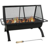 36-Inch Northland Outdoor Rectangular Fire Pit with Cooking Grill, Poker, and Spark Screen - Black Finish