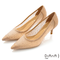 DIANA 6.5cm 質感羊皮X托斯細網交織點點水鑽透視高跟鞋-公主浪漫-金