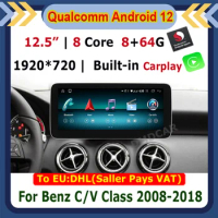 12.5inch Snapdragon CPU 8+64G Android 12 Car Multimedia Player GPS for Mercedes Benz C W204 W205 GLC-X25 V CLASS Radio Stereo
