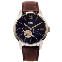 FOSSIL 簍空設計款機械手錶(ME3110)-藍色面x咖啡色/44mm