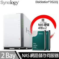 Synology群暉科技 DS223j NAS 搭 Synology HAT3300 Plus系列 4TB NAS專用硬碟 x 2