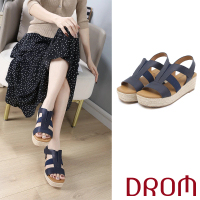 【DROM】厚底涼鞋 坡跟涼鞋/極簡歐美時尚縷空草編坡跟厚底造型涼鞋(黑)