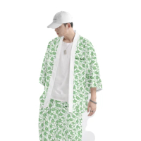 Creative Green Mahjong Print Beach Sets Fashion Japanese Kimono Cardigan Men Women Haori Asian national style Robe Pant Suit