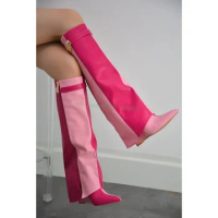Padlock Pink Pointed Toe Knee High Boots Women Wedges Sexy Fashion Leather Boots Lady Shoes 2023 Inner Heel Club