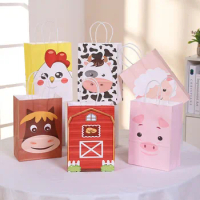 6PCS Farmland Animal Gift Paper Bags Farm Themed Handbag Candy Biscuit Packaging Bag Cartoon With handles Gift Wrapping
