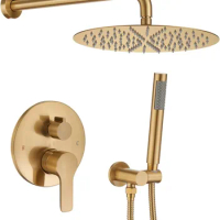 Iriber Brushed Gold Shower System Wall Mounted Shower Faucet Mixer Set with 10 Inches Rain Shower head and Handheld