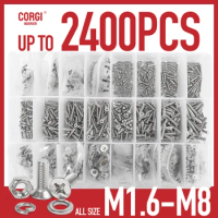 Up to 2400 Cross Flat Phillips Head Machine Screws Kit M1.6 M2 M2.5 M3 M4 M5 M6 M8 4-40mm Stainless Steel Screw Hex Nuts Washers