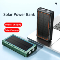 Solar Power Bank Qi Wireless Charger with Bluetooth Speaker FM Radio Flashlight Earphone TF Card Port Phone Powerbank 20000mAh