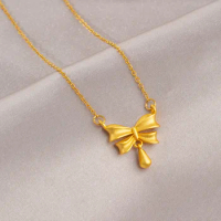 Pure Gold Color Brilliant Bow Necklace for Women Jewelry Real 999 Chain Genuine Solid Gold Color Wedding Luxury Jewelry